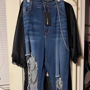 Skinny Leg Distressed Jeans with Chains